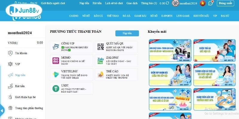 Nạp tiền tại JUN88 với đa 4 phương thức rất nhanh chóng